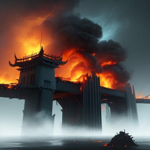 Inferno: Burning Bridge of Destruction in Matte Painting Sty...