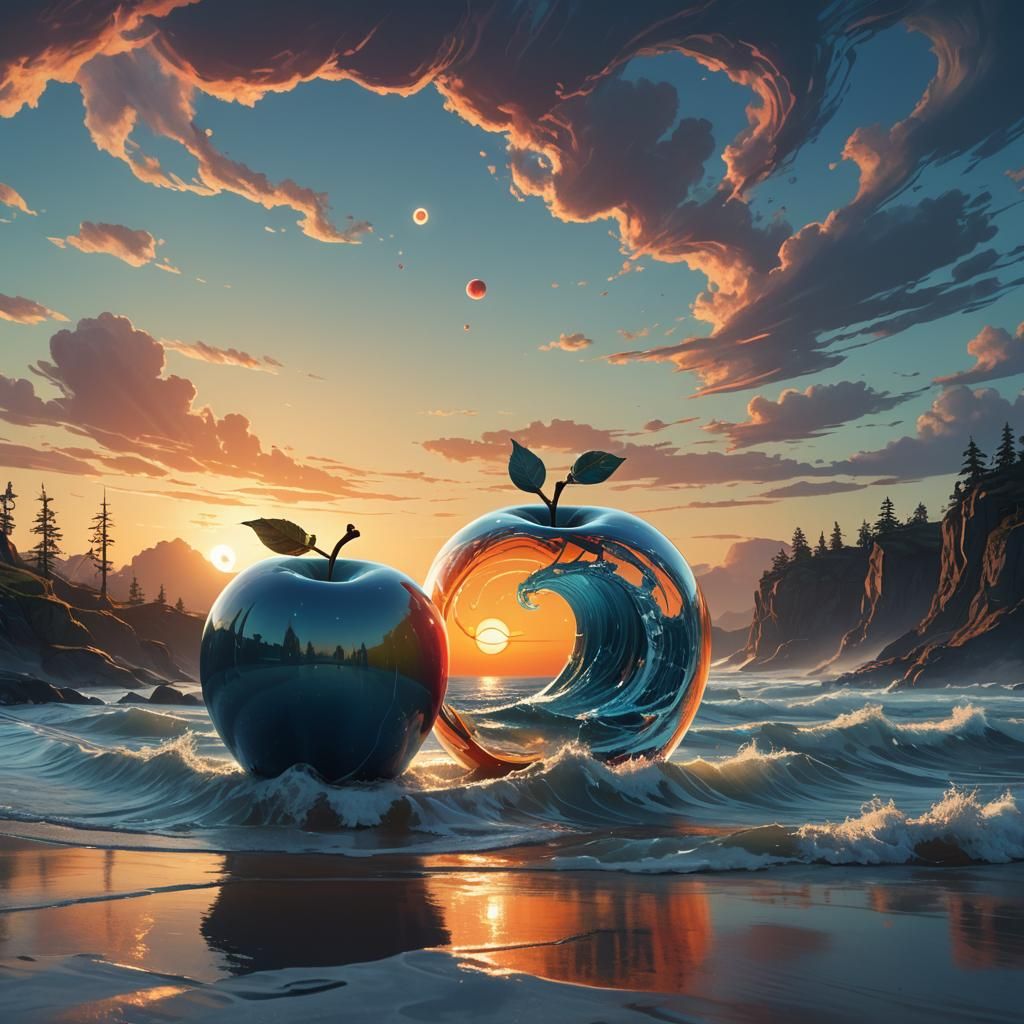 Glowing Apple with Waves and Sun: Digital Matte Painting