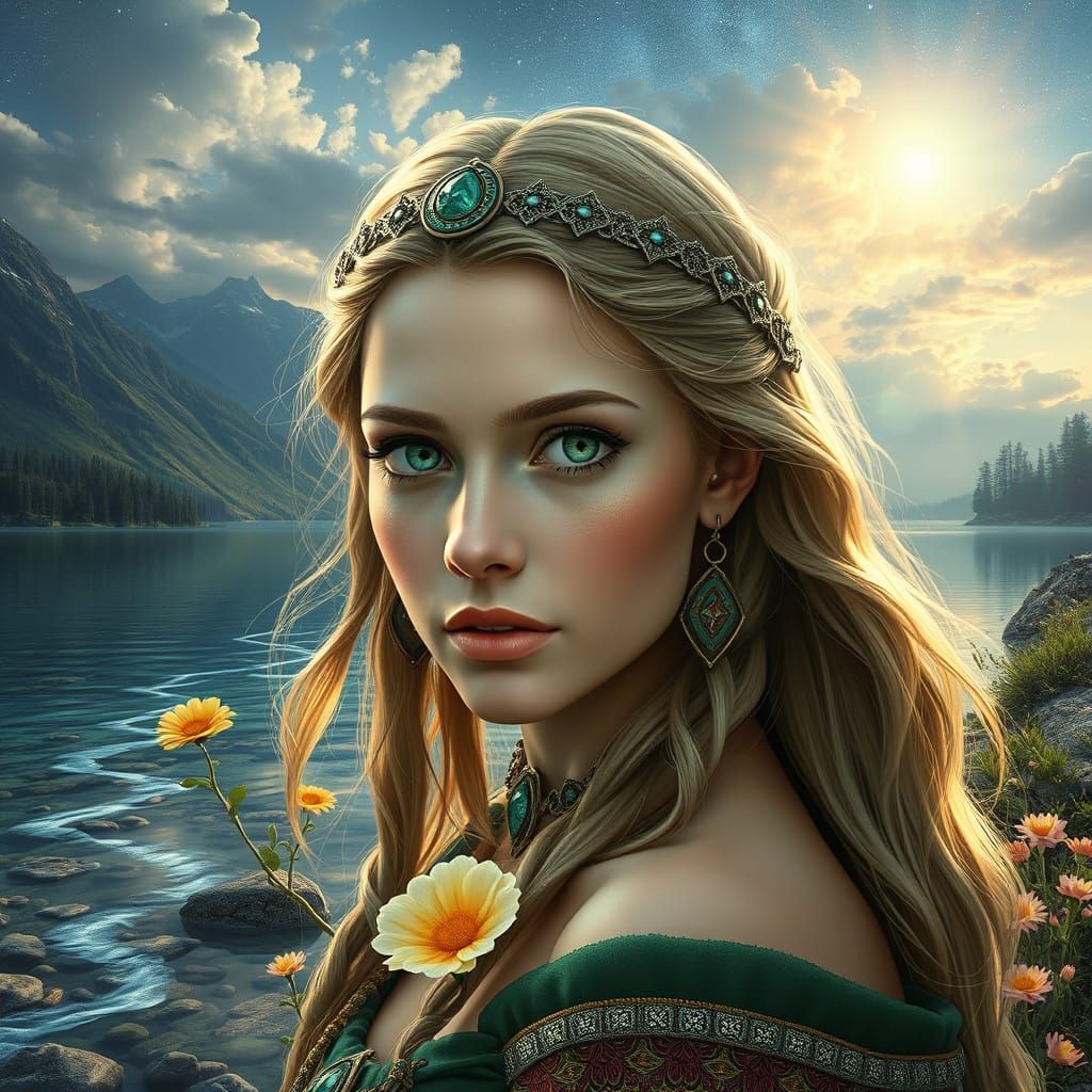Norse Woman with Green Eyes by Lake, Astral Illustration