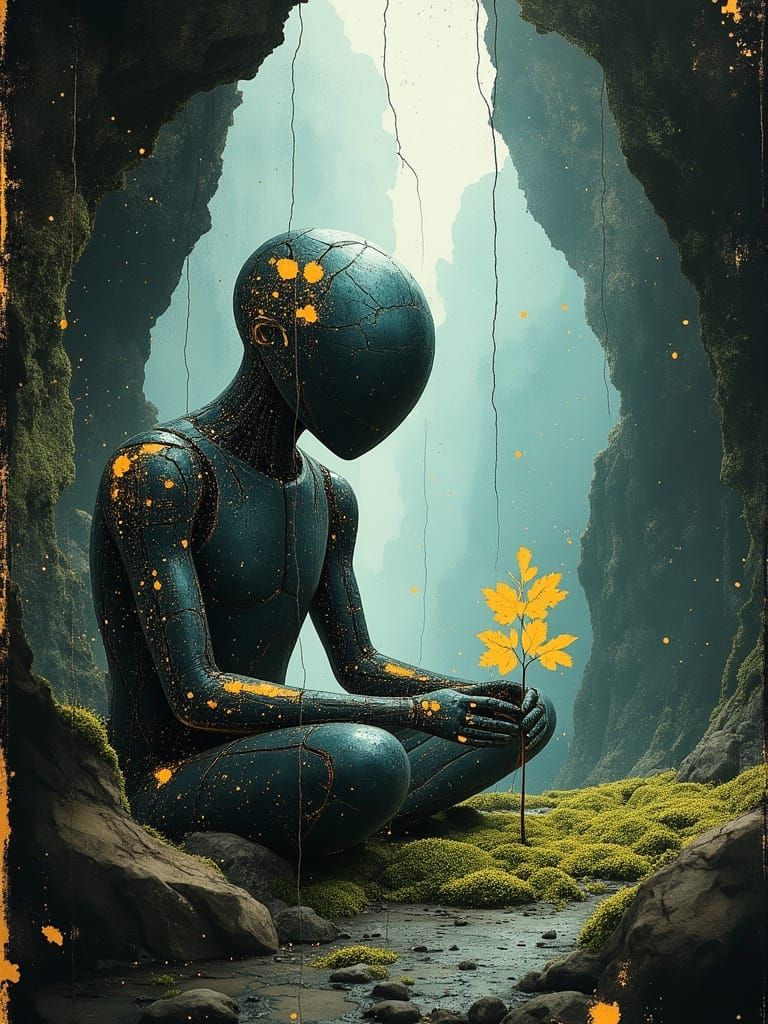 Ancient Robot and Bioluminescent Plant in Cavern