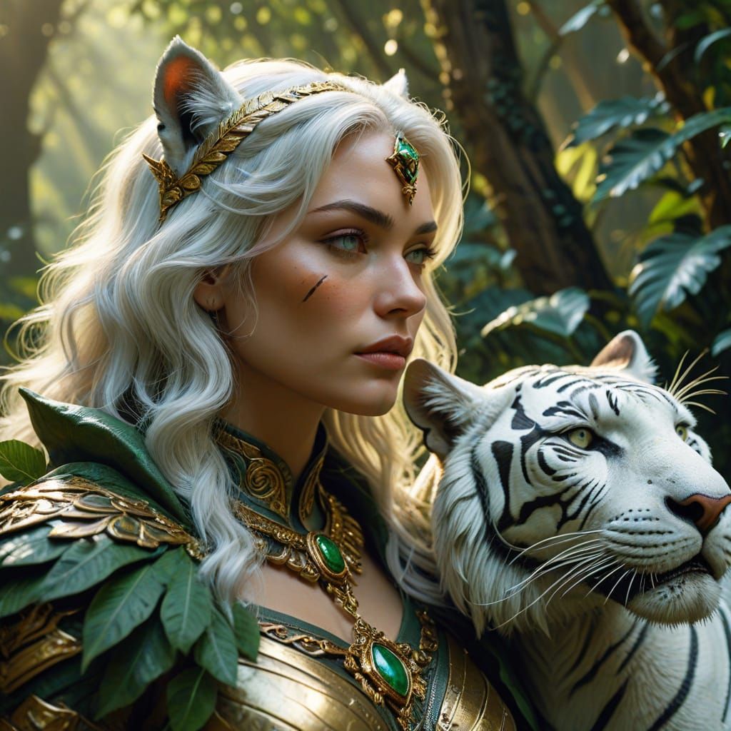 Ranger Kisses Tiger in Lush Jungle Oil Painting