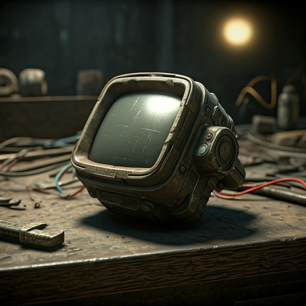 Weathered Pip-Boy 2000 in Post-Apocalyptic Wasteland