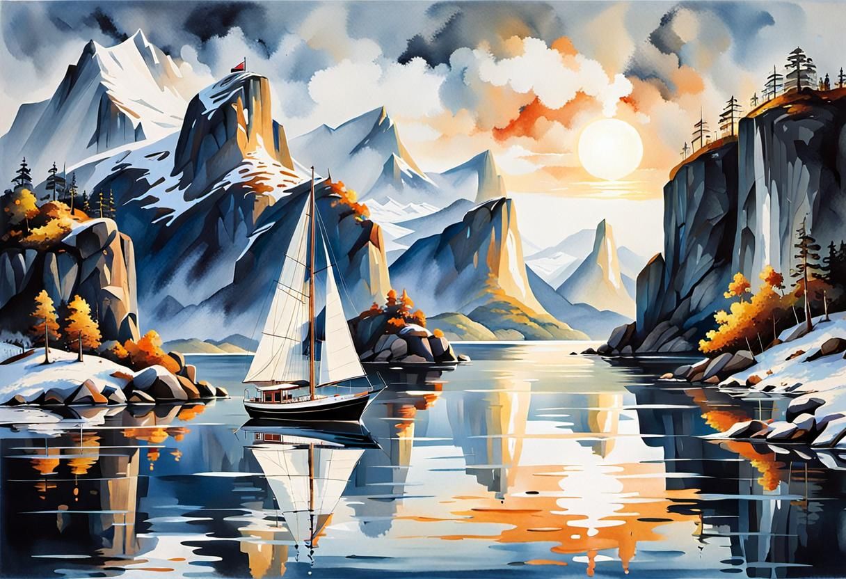 Norwegian Fjord: Ink Wash Painting of Sailboat