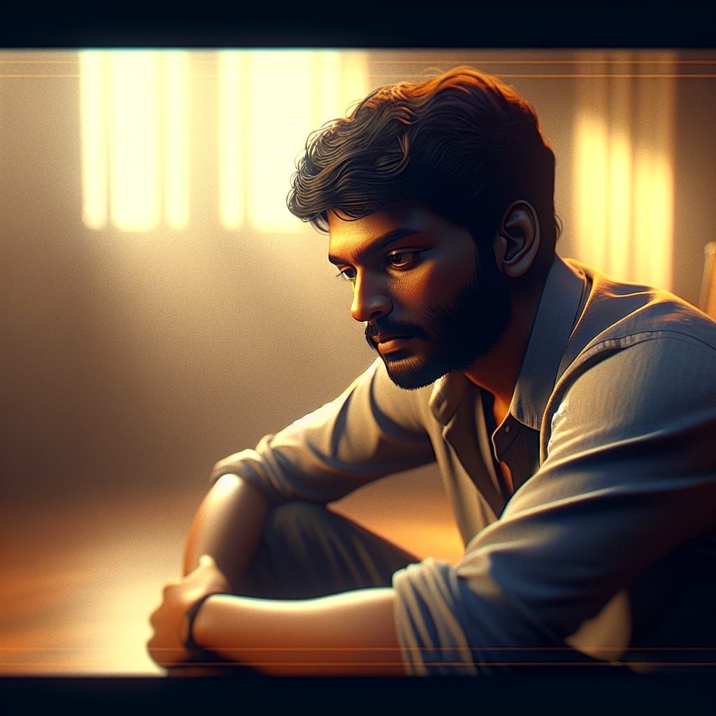 Contemplative Young Man in Nostalgic Film Still