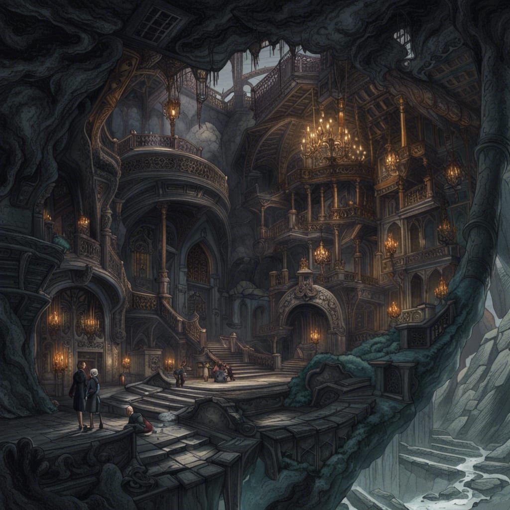 Sinister Mountain Palace: Cosmic Holographic Illustration