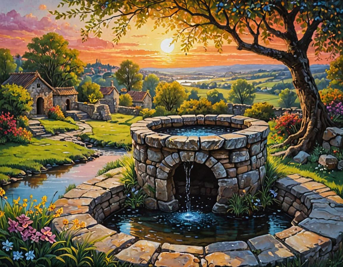 Rustic Stone Well at Sunset: Fantasy Acrylic Painting