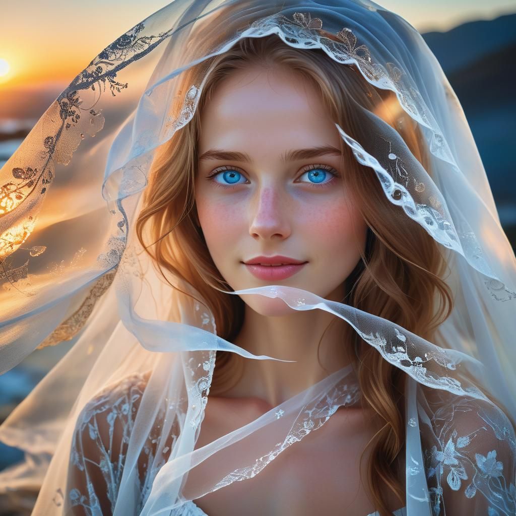 Ethereal Woman with Glowing Eyes in Colorful Scene