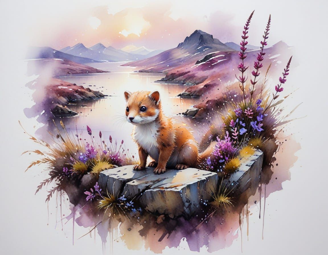 Scottish Highlands at Dawn: Mist, Heather, and Glinting Loch...