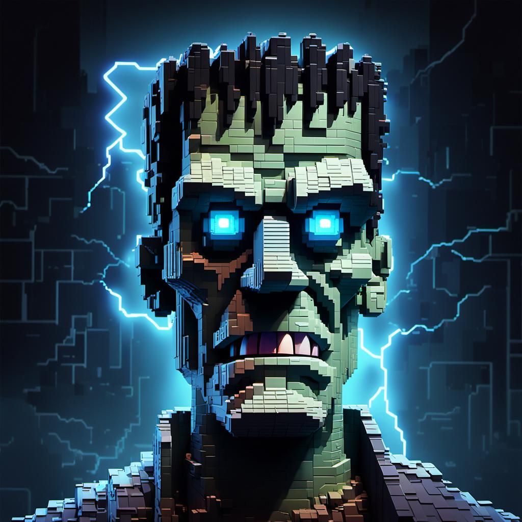 Pixelated Frankenstein's Monster in Stormy Lab