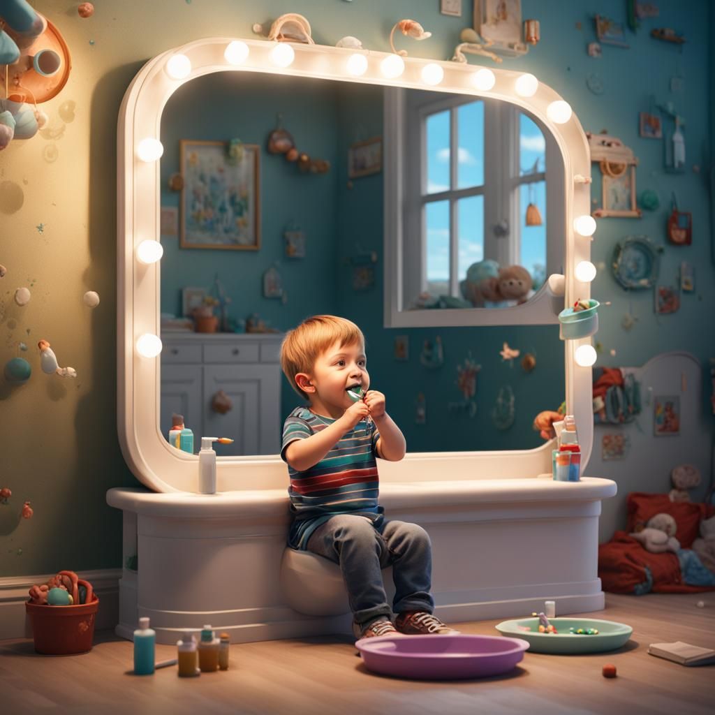 Toddler Brushing Teeth: Hyperrealistic Detailed Matte Painti...