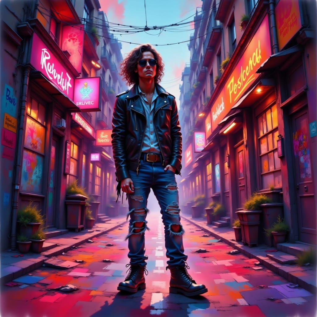 Rebellious Musician in Neon Cityscape