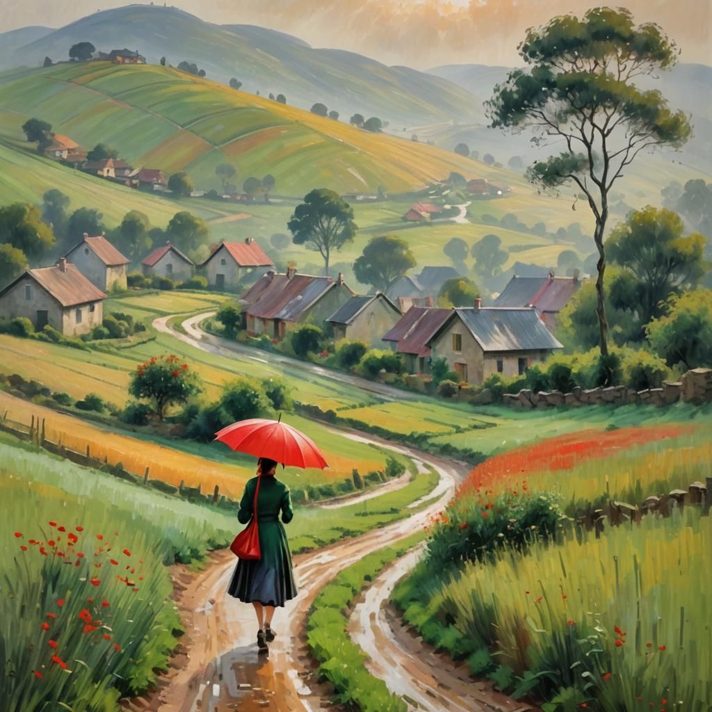 Idyllic Landscape with Girl and Umbrella as Impressionist Pa...