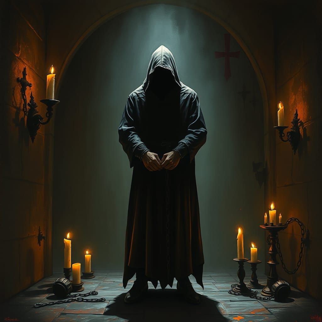 Figure Receives Punishment in Gothic Chamber