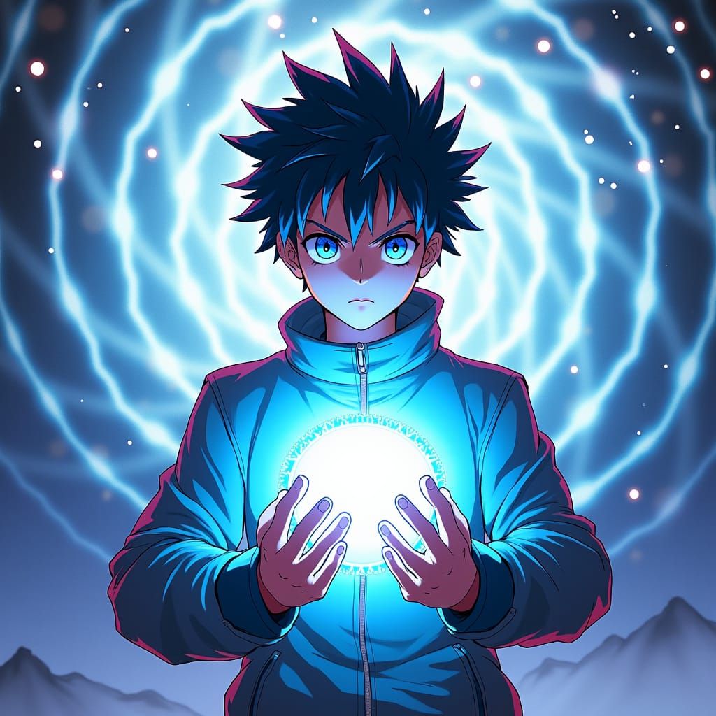 Radiant Orb and Iridescent Rings in Manga Style