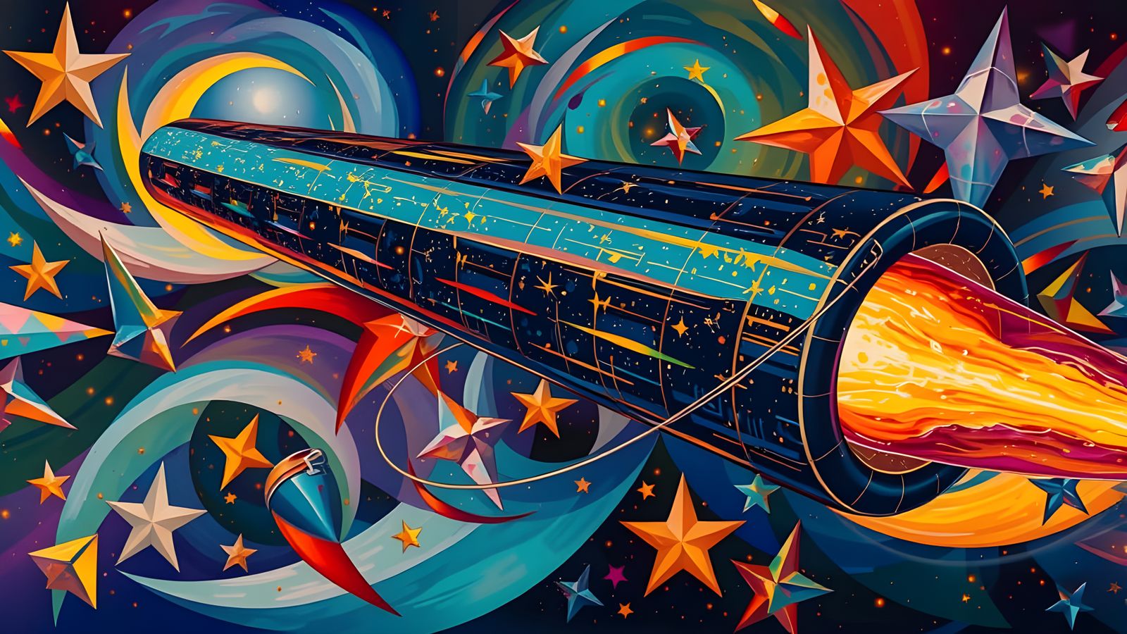 High-Velocity Cylinder in Surreal Cosmos as Impasto Painting