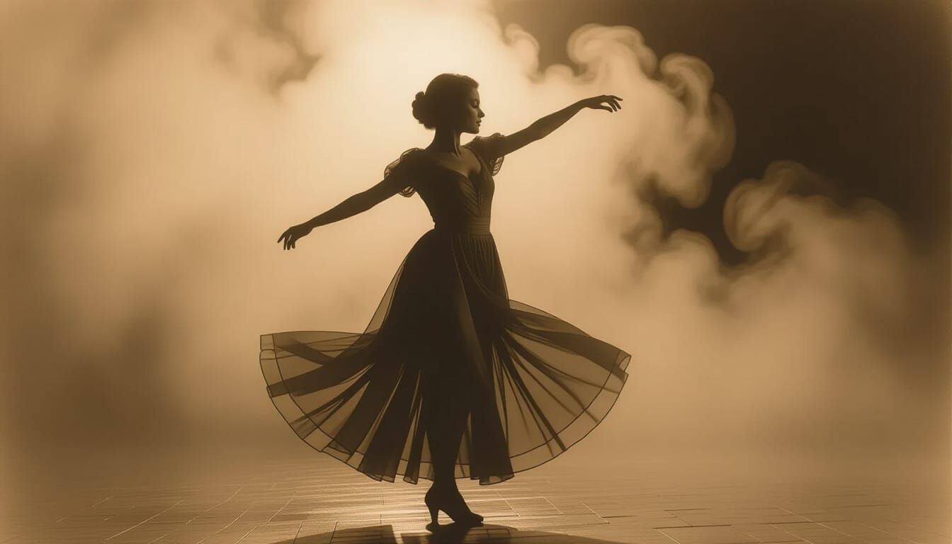Girl Dancing in Mist: Sepia Sketch in Photorealistic Style