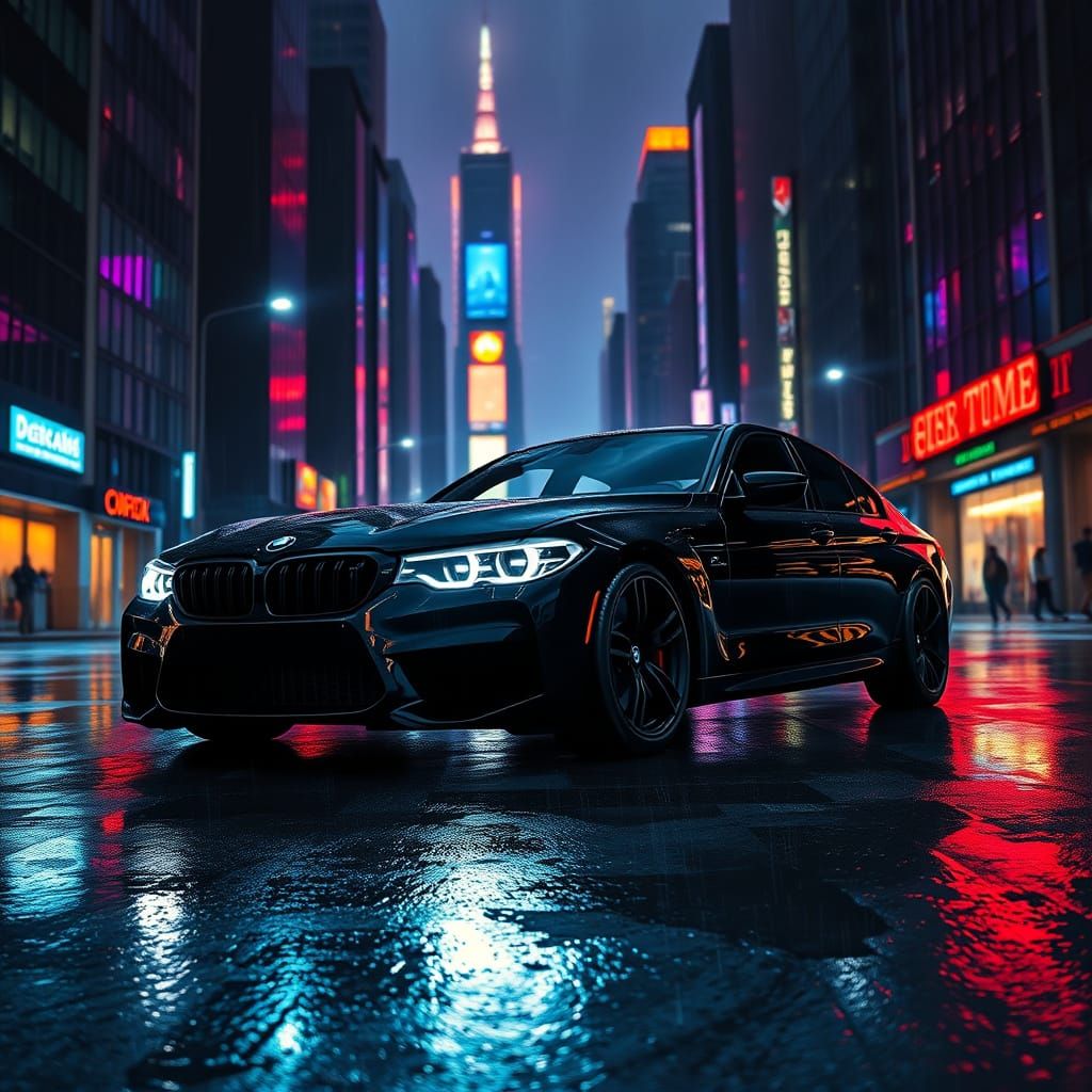 BMW in Moody Cityscape with Neon Lights