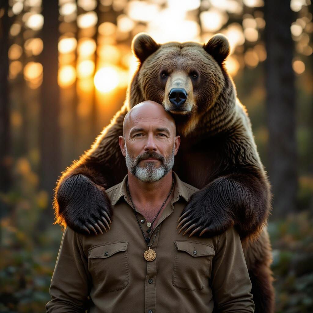 Man Embraced by Grizzly Bear in Forest Dusk