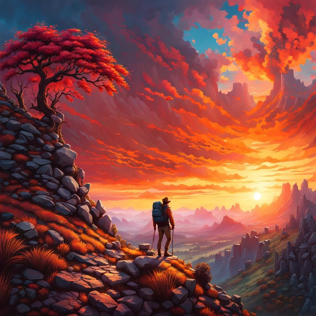 Hiker's Sunset: A Fantasycore Digital Masterpiece