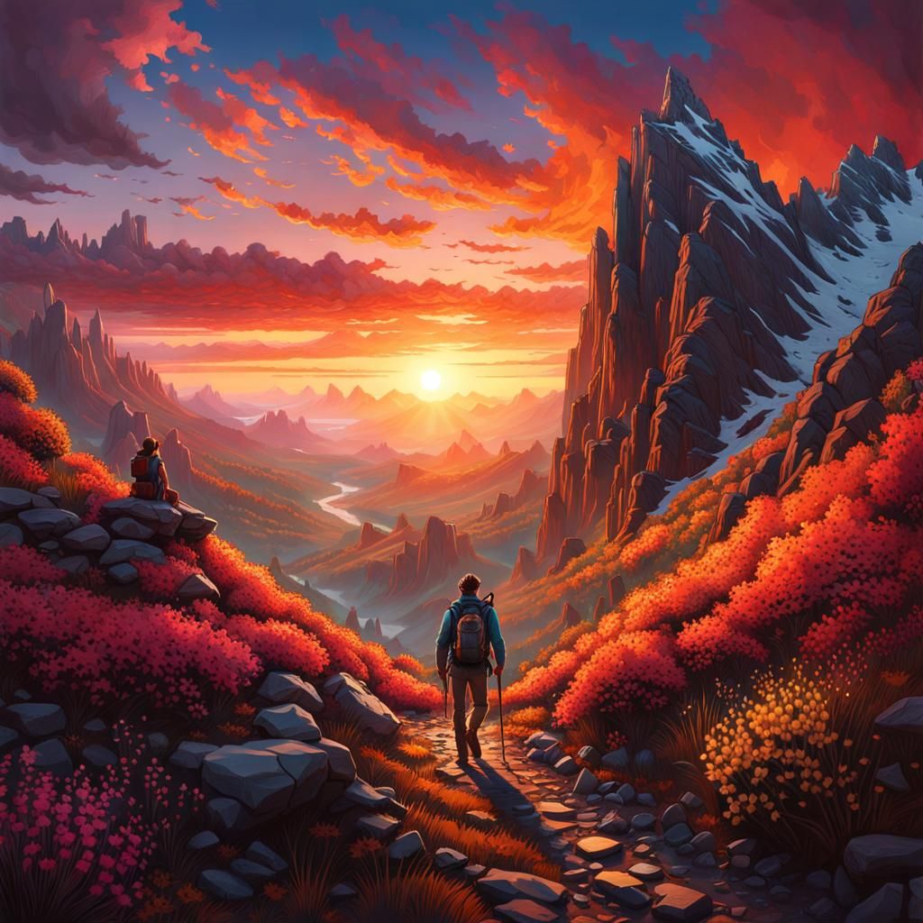 Hiker Watches Sunset: Fantasycore Style Artwork