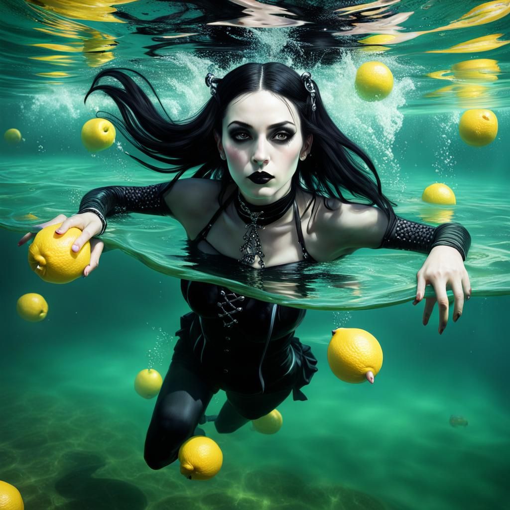 Goth Woman Swimming in Lemonade: Photorealistic Art