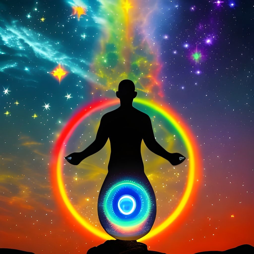 A man meditates on the vibrations of the universe. His chakras aligned with their various colors and symbols. He is expe...