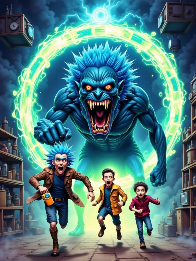 Steampunk Rick and Morty Fleeing a Monster