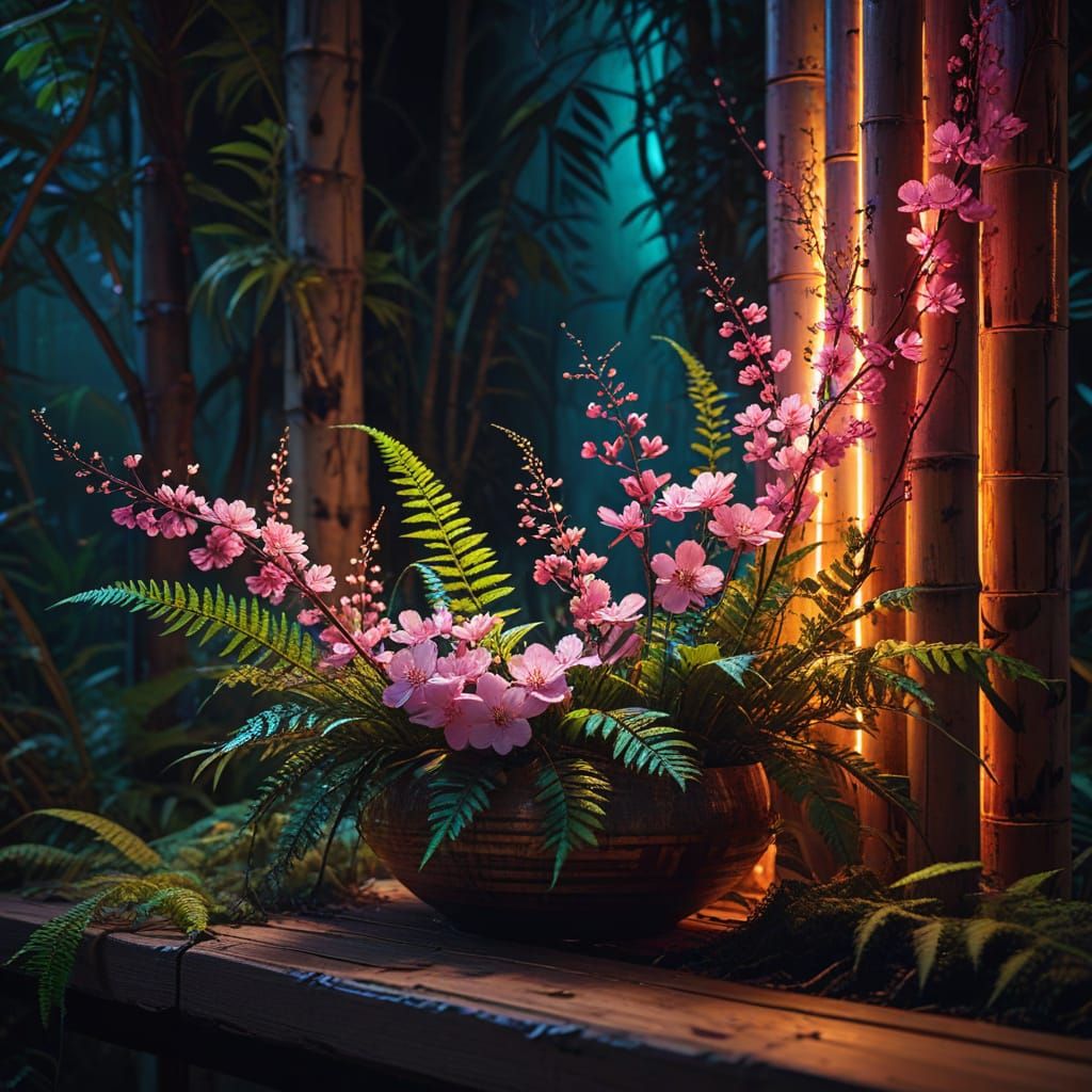 Neon Ikebana Arrangement in Synthwave Retro Style