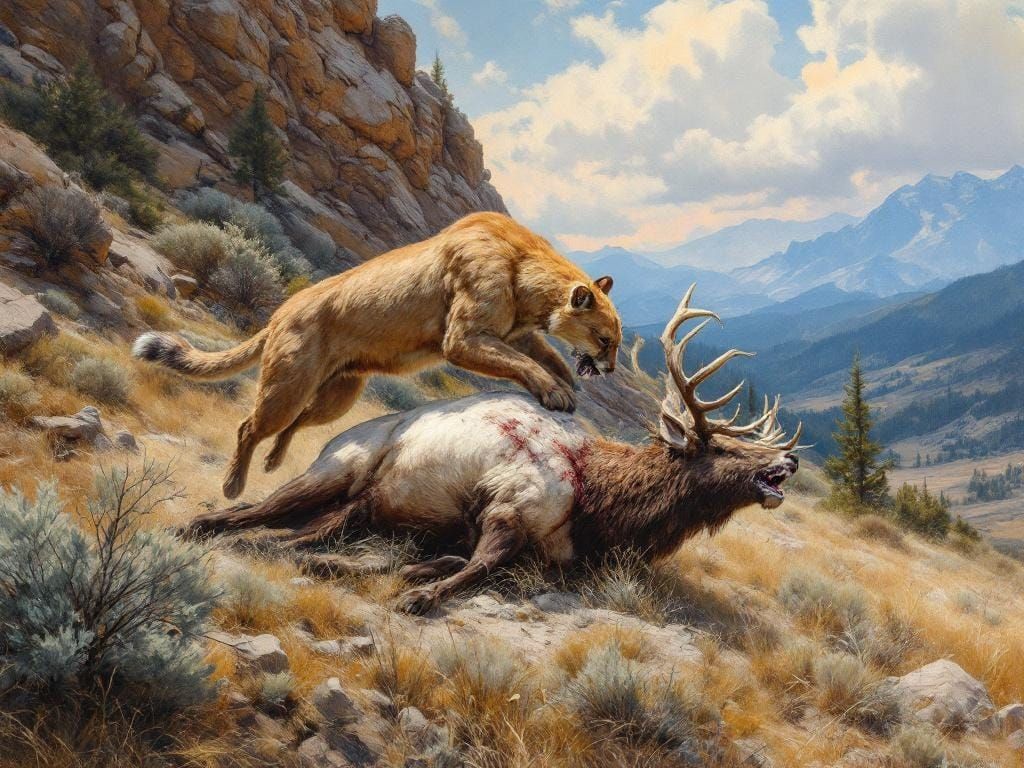 Mountain Lion Attacks Elk: An Oil Painting