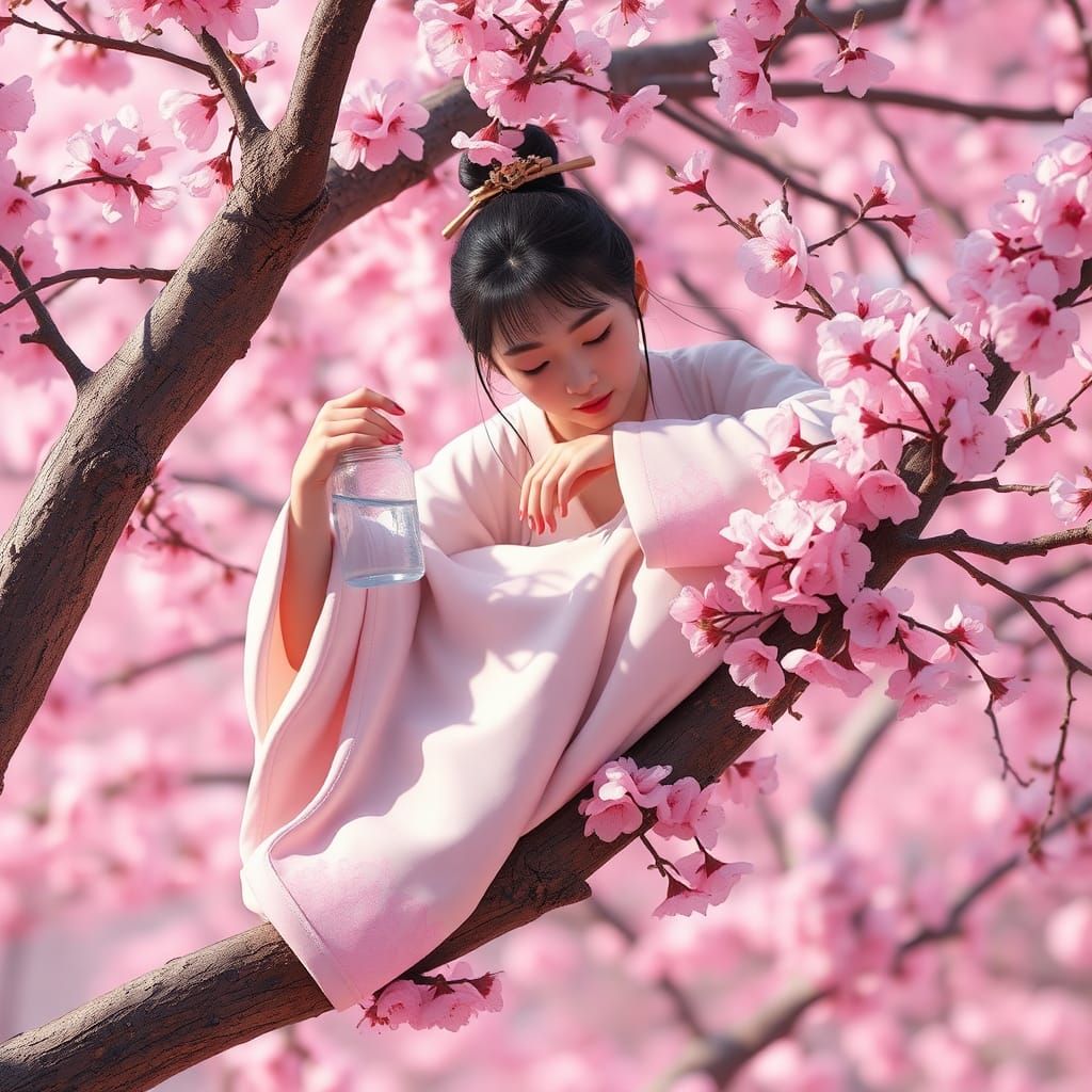 Chinese Princess in Cherry Blossom Spring, Detailed Matte Pa...