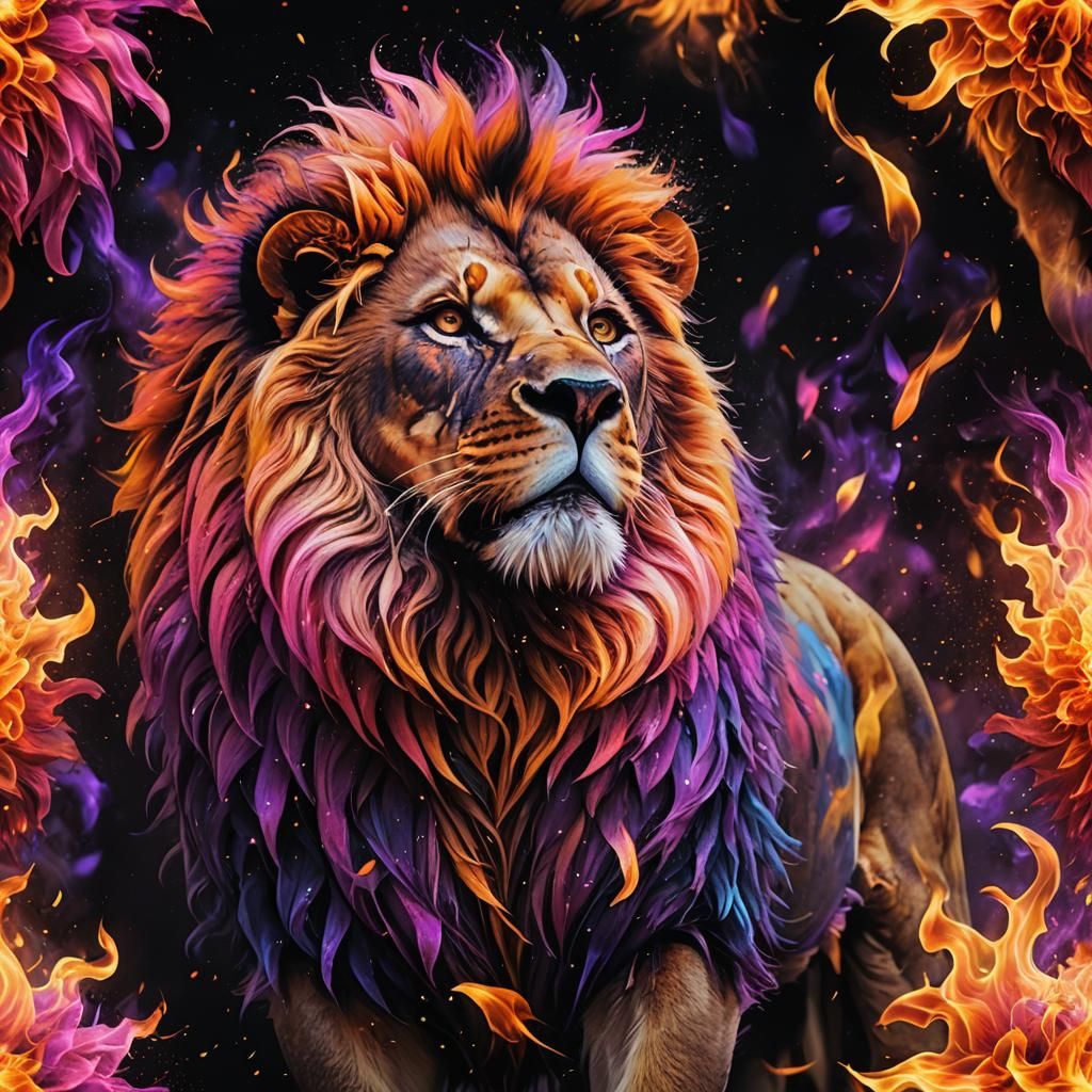 Fiery Lion Digital Art in Impressionist Style