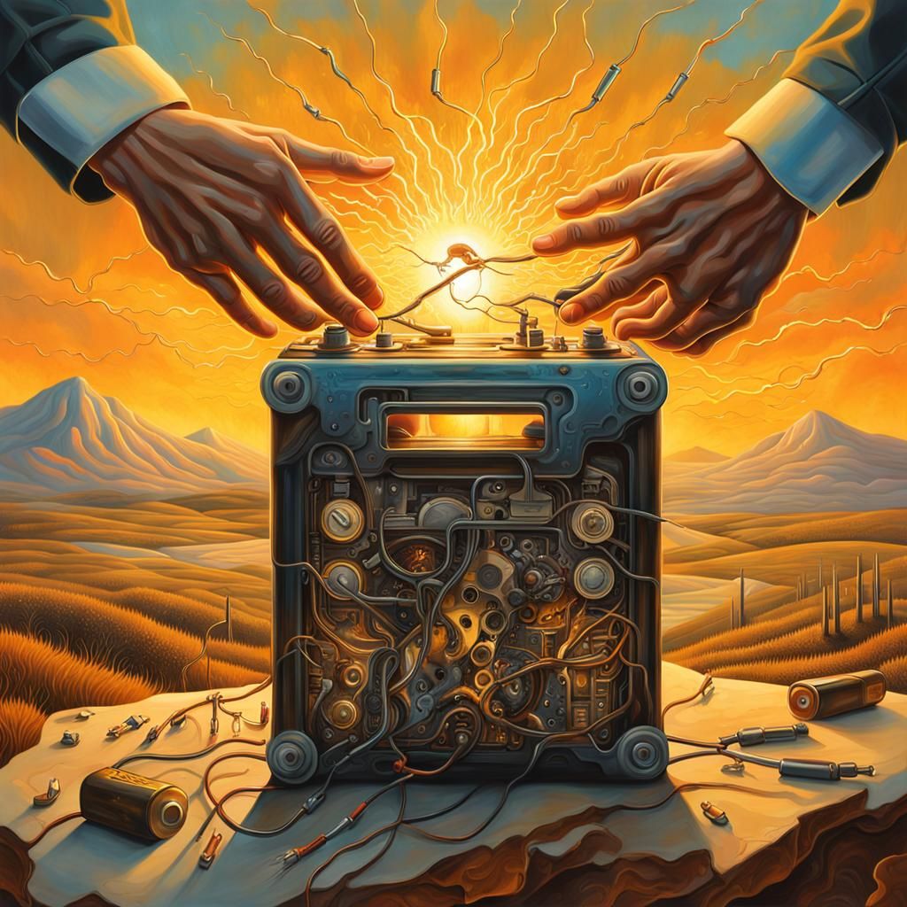Surreal Electrician at Sunrise: Dali-Inspired Oil Painting