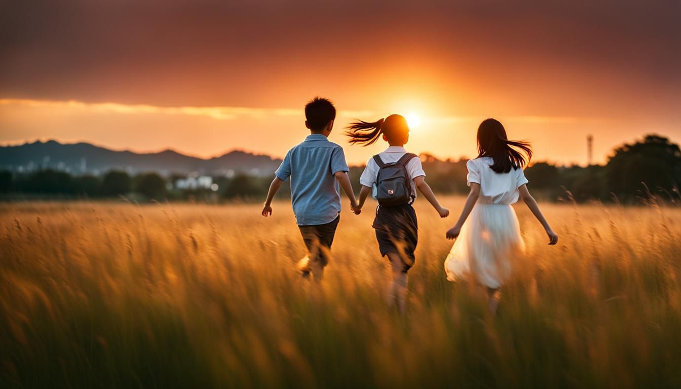 Korean Children Run in Sunset Field: Professional Photograph...