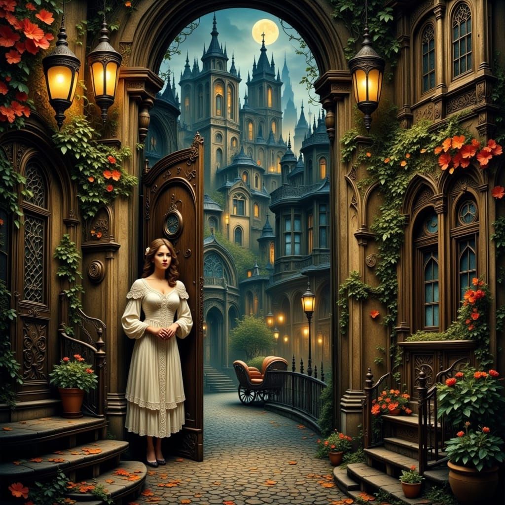 Woman in Victorian Cityscape: Folk Art Nouveau Style