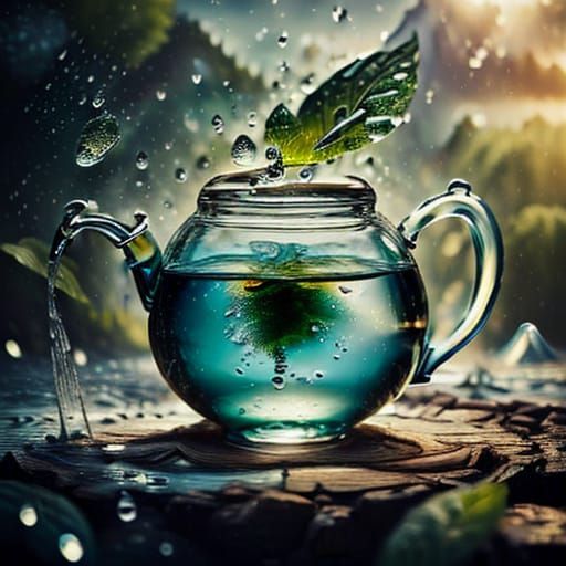 Surreal Melting Teapot Pours Water for Fairy