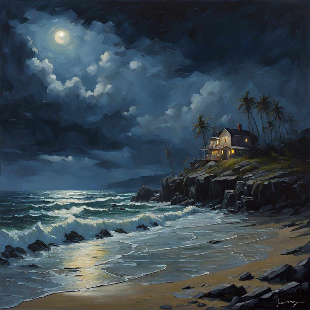 Mysterious Coastal Scene in Moody Oil Painting