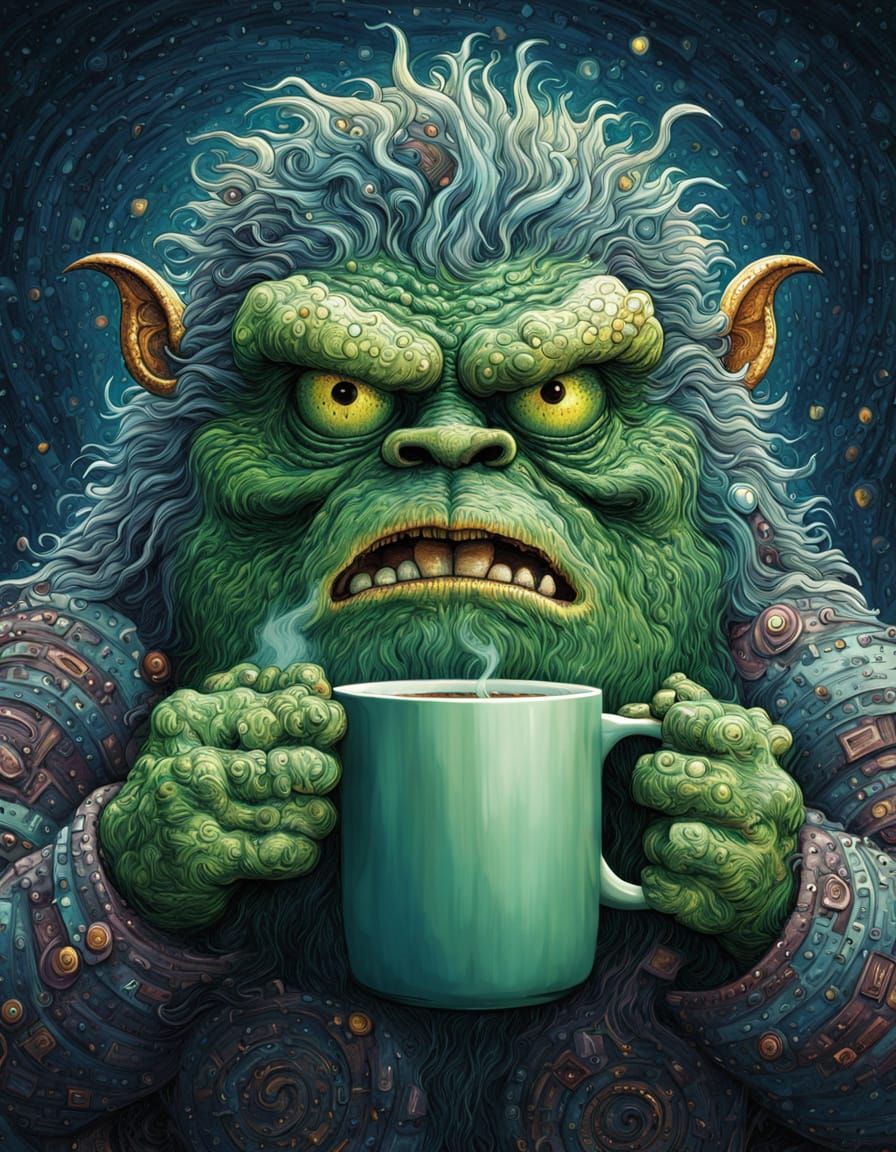 Grouchy Green Monster Sips Coffee from Focus Mug