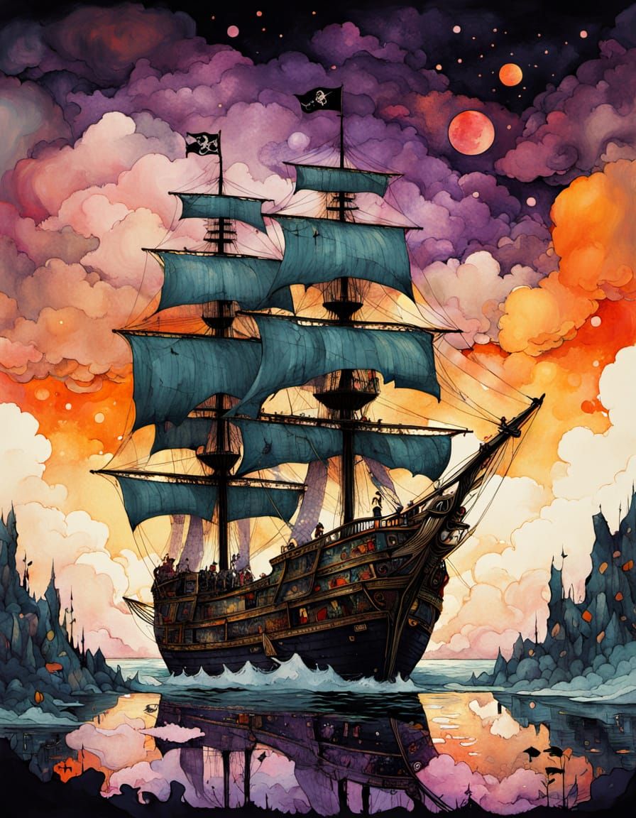 Pirate Ship Sails into an Abstract Sunset