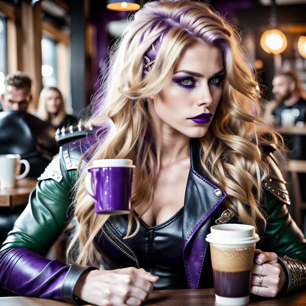 Viking Goddess in Cyberpunk Leather, Golden Hair and Green E...