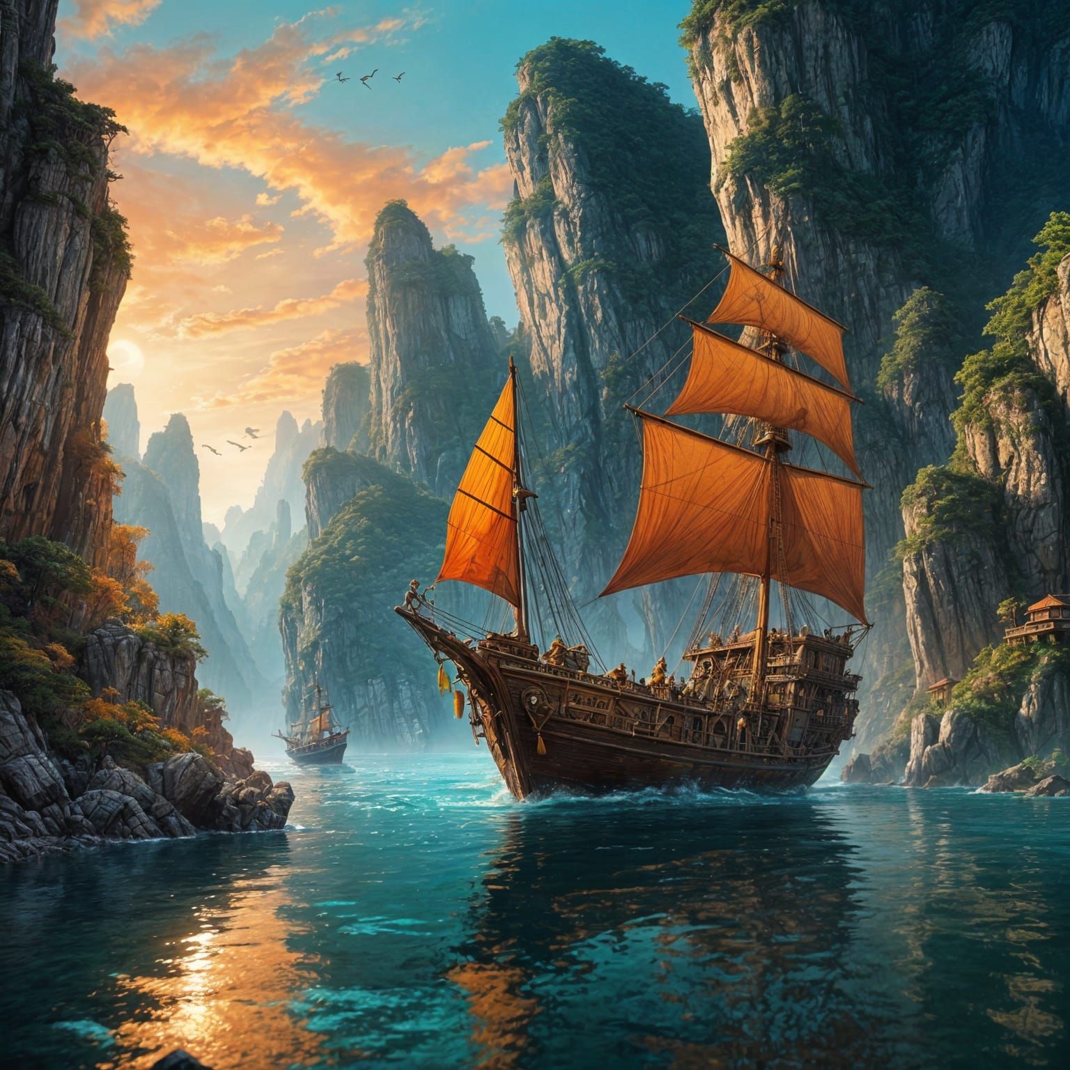 Intricately Detailed Sunset Scene of Chinese Junk Ships Amid...