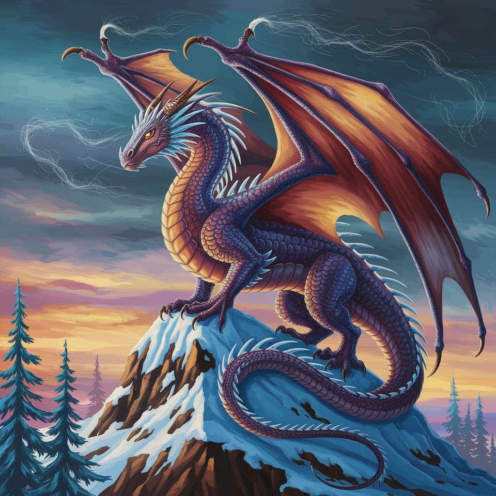 Dragon Perched on Snowy Mountain in Dramatic Fantasy Style