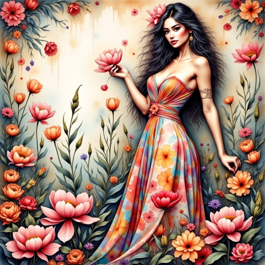 Stunning comic anime full-body portrait of an curvy Flower P...