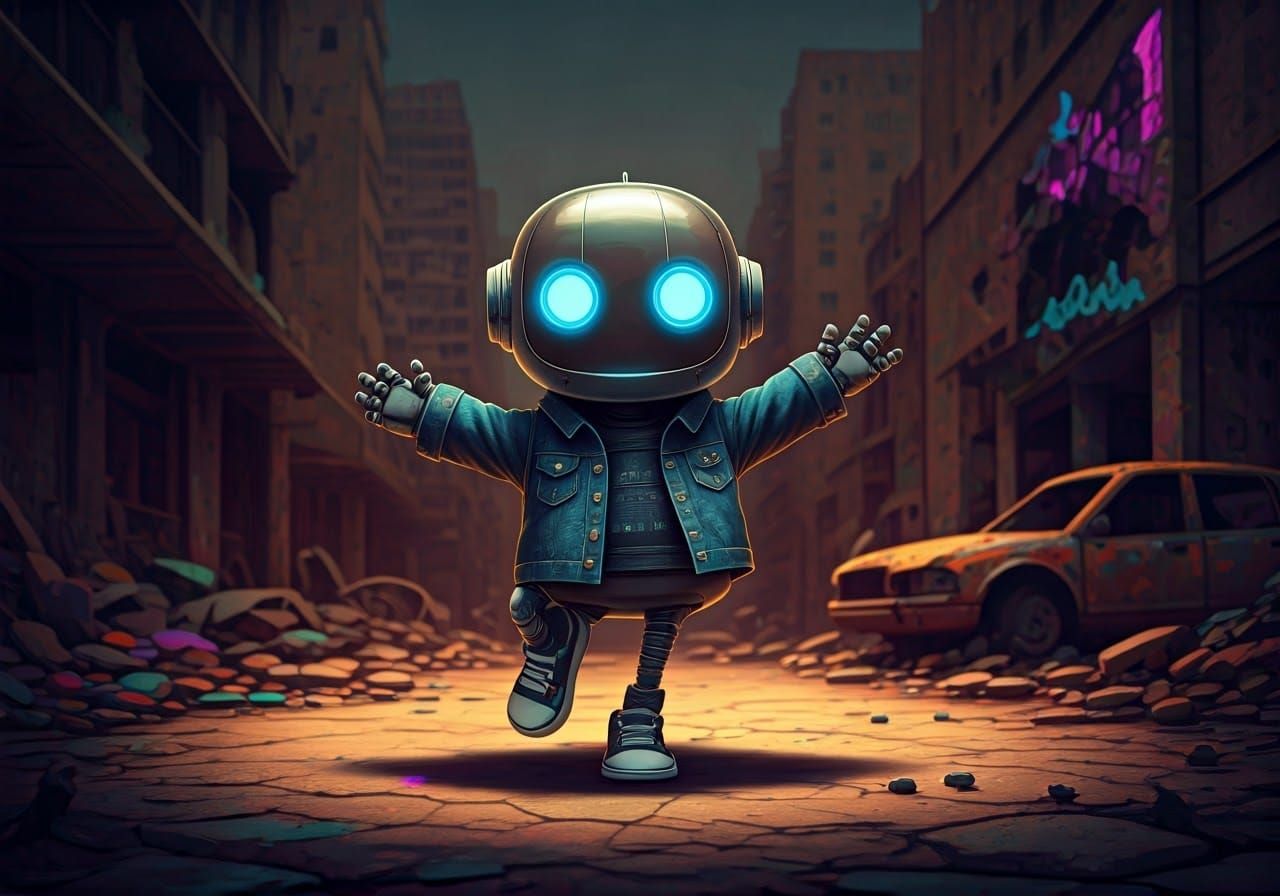 Cute Robot Dances Amidst Neon-Lit Apocalypse