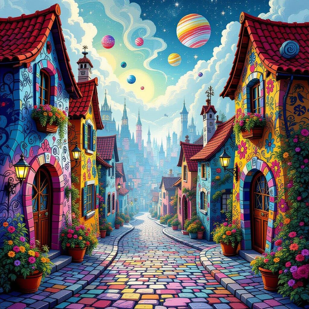 Surreal Cityscape with Fractal Patterns and Neon Accents