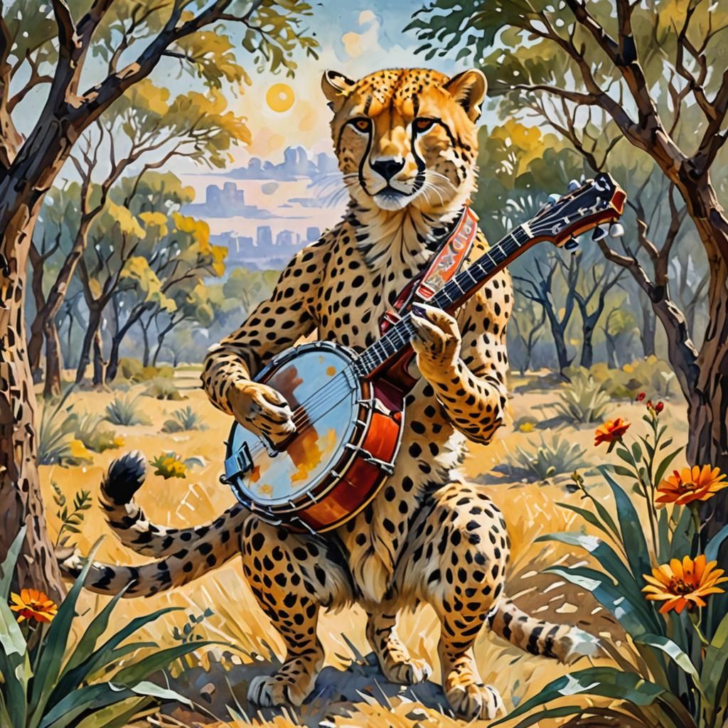 Cheetah Plays Banjo in Gouache Watercolor Style