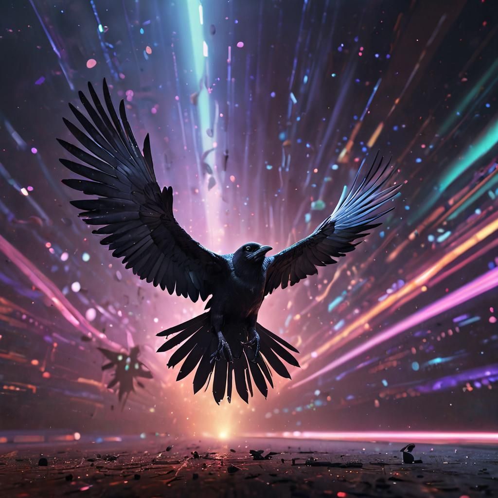 Crow Pursued by Alien in Dreamlike Digital Art
