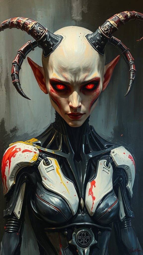 Cyborg Demon Alien Woman in Hellish Oil Painting