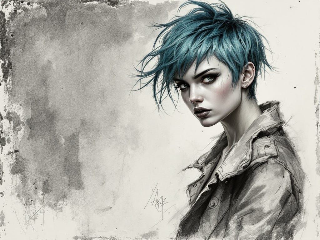 Rebellious Blue-Haired Woman in Charcoal Sketch Style