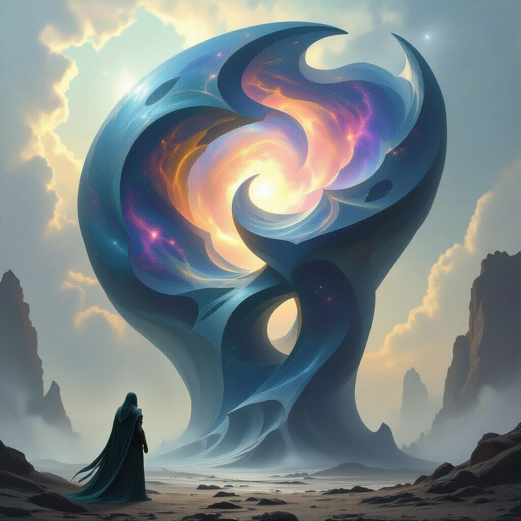 Elven Warrior Before Gravity-Defying Cosmic Sculpture