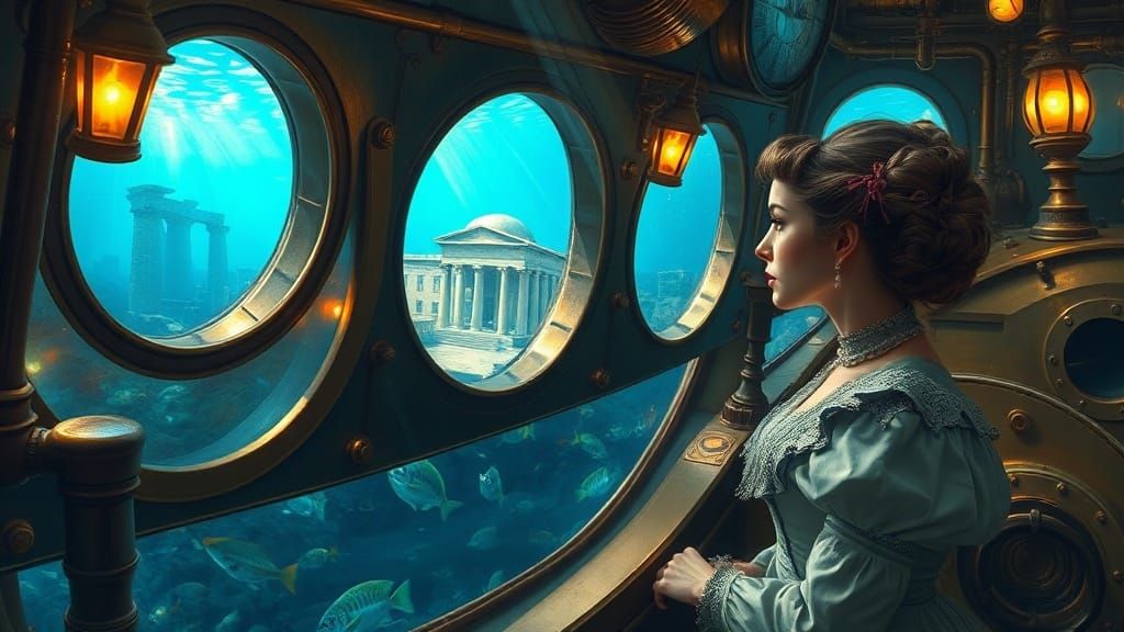 Steampunk Submarine Interior Viewing Greek Ruins Underwater